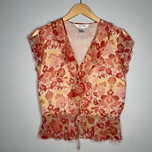 Allison Taylor Silk Floral Ruffle Blouse Womens S Red Pink EUC Fairycore Vintage